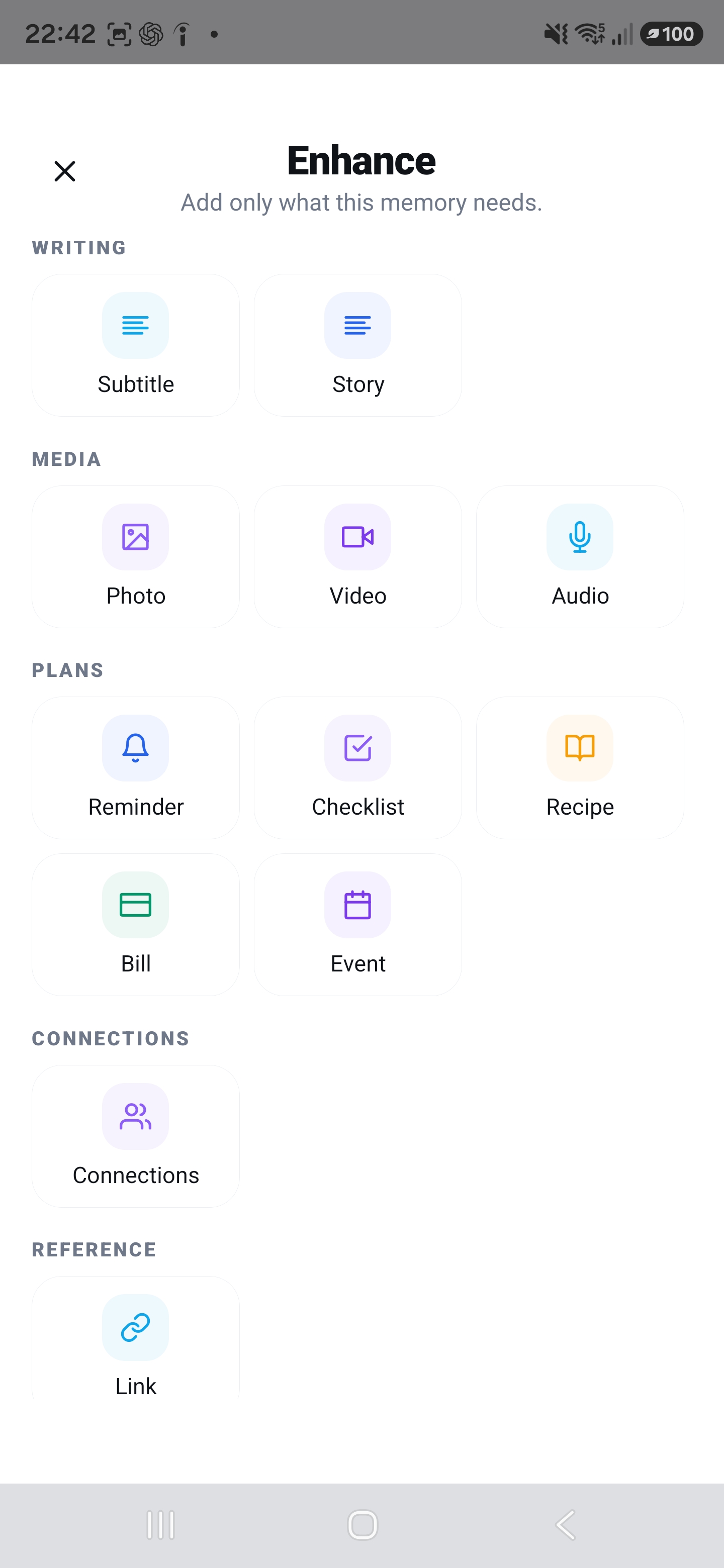 Enhance a memory with writing, media, plans, connections and links