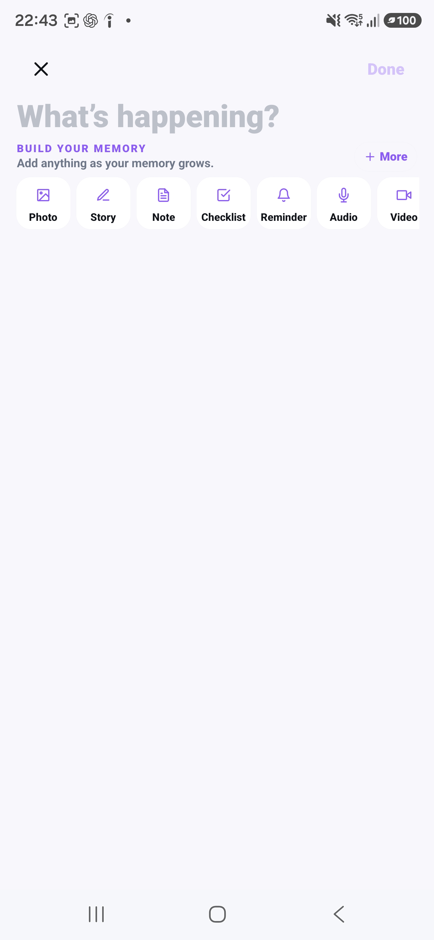 Capture options for photos, stories, notes, checklists, reminders, audio and video